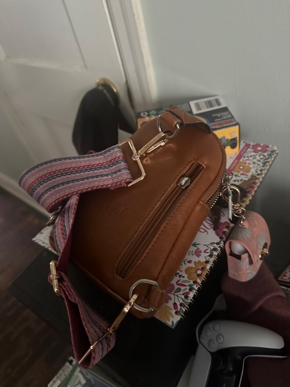 Women's Tan Crossbody Bag with Pink Accent Strap
